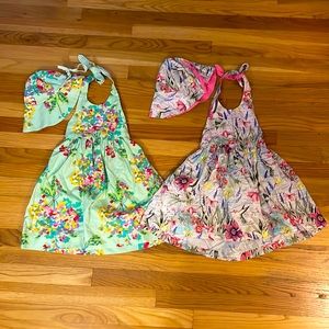 NWOT Beautiful Handmade Floral Halter Dresses with matching Bonnets - 3T- Twins!